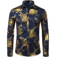 2024 New Men's Gold Shirt 3D Rose Print Slim Fit Button-Down Party Dress Shirt Athleisure Fashion Comfortable Long Sleeve