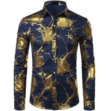 2024 New Men's Gold Shirt 3D Rose Print Slim Fit Button-Down Party Dress Shirt Athleisure Fashion Comfortable Long Sleeve
