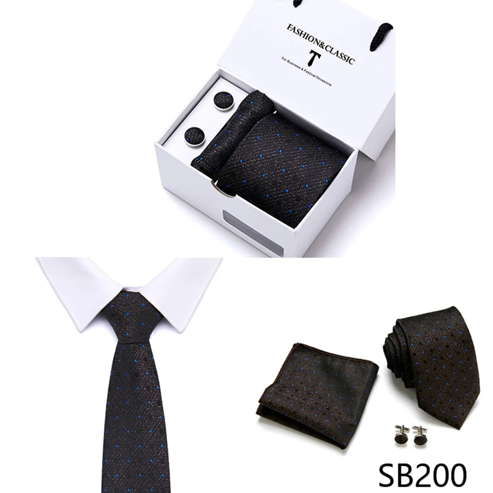 High Quality 7.5 cm Stripe Blue Tie Pocket Square Cufflinks Set For Men Gift Box Wedding Gravatas Fit Workplace