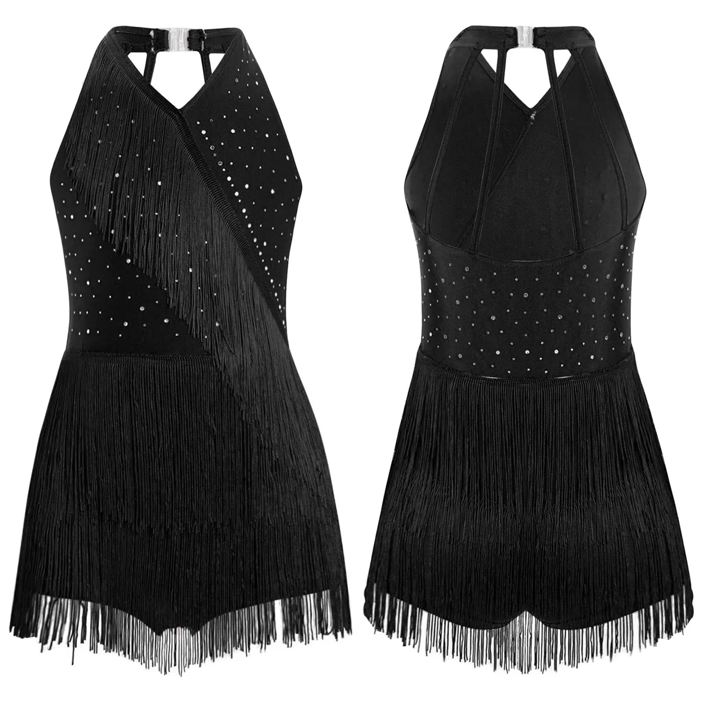 Kids Girls Latin Dance Cha-cha Samba Salsa Costume Rhinestones Fringe Leotard Dress Sleeveless Strappy Back Tassel Jumpsuit