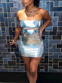 Sexy Strapless Shiny Silver Coatings Patent Leather Bodycon Dress Women Off Shoulder Skinny Mini Dress Club Party Vestidos
