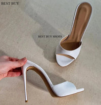 2023 New Women's Open Toe Mules Gold Silver Slip on Thin High Heel Sandals Banquet Sexy Fashion Ladies Sandals Plus Size 35-43