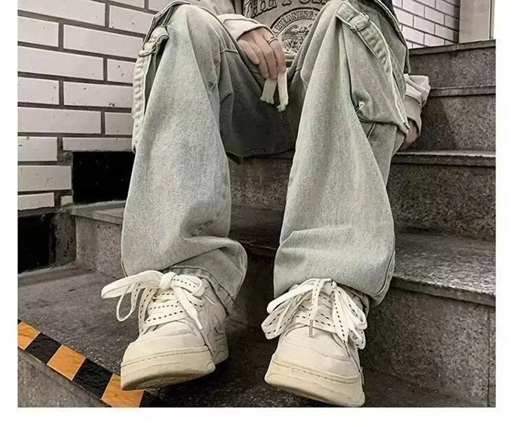 2025 Mens Workwear Jeans Multiple Pockets Loose Straight Leg Spring Autumn Wide Casual Pants  Street Fashion Long Trousers