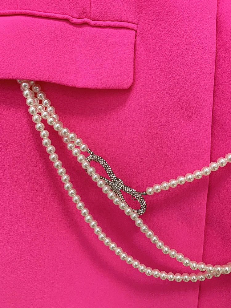 HIGH STREET Newest 2025 Designer Stylish Fashion Women's Pearls Chain Diamonds Beaded Hollow Out Bow Sleeve Blazer Dress