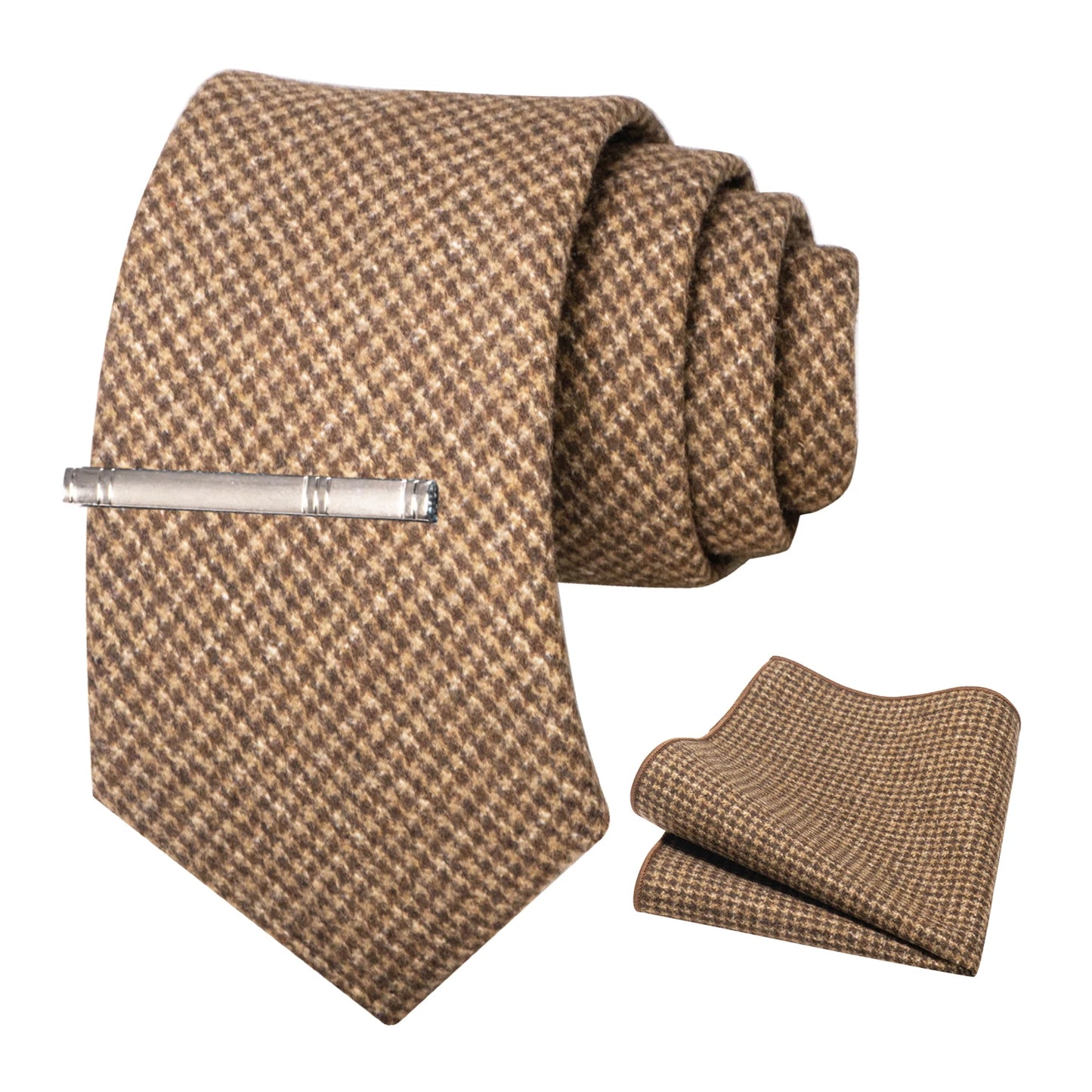 JEMYGINS Classic Wool Necktie For Men 8cm Brown Grey Men Striped Plaid Cashmere Tie Pocket Square Sets Wedding Accessory Gift