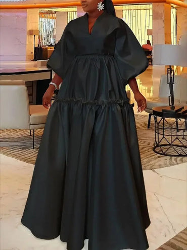 Women Minimalist Solid Color Puff Sleeves Falbala Party Evening Dress  New Spring Autumn Loose Casual Maxi Dresses