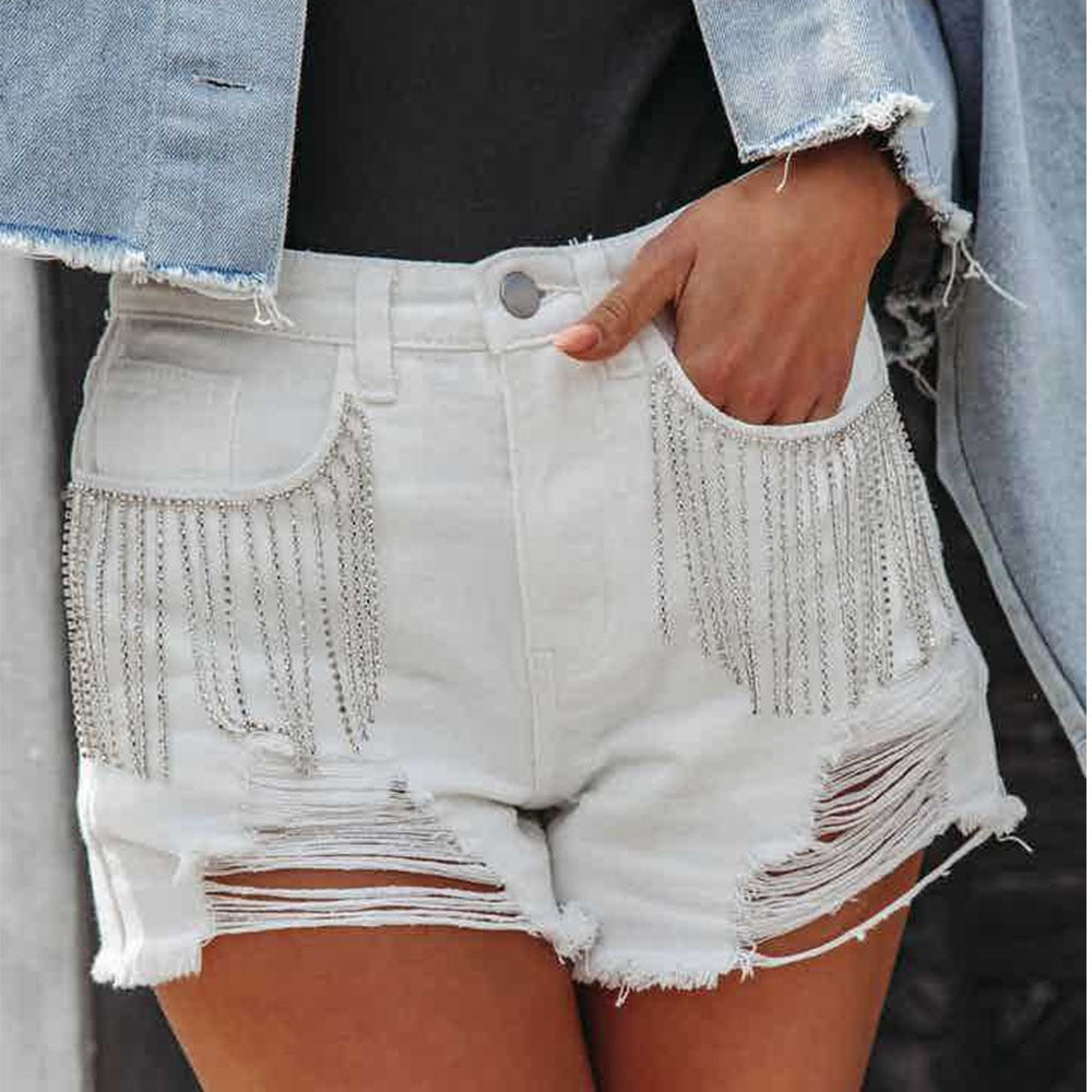 Sexy Fashion Casual Diamond Chain Tassel Perforated Jean Shorts Women Summer Streetwear