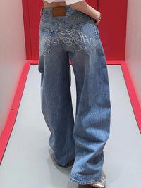 HOUZHOU Baggy Blue Jeans Women Vintage Y2k Letter Rhinestone Straight Denim Trousers Streetwear High Waist Wide Leg Jeans Chic