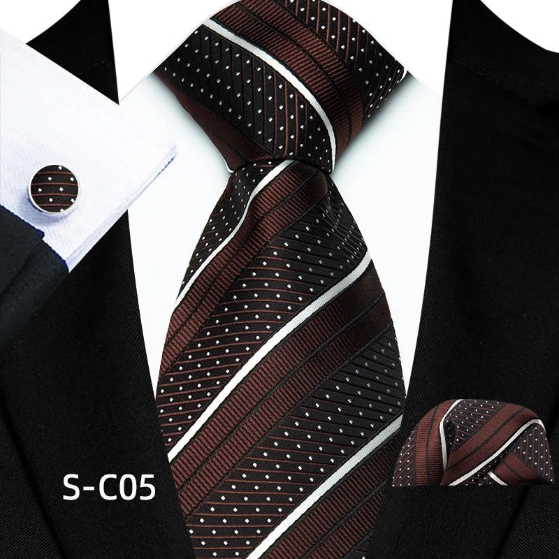 Business Mens Tie Luxury Striped 8cm NeckTie Pocket Square Cufflinks Set For Men Formal Fashion Wedding High Quality Gravata