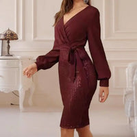 Women Dress Sexy Deep V Neck Slim Bodycon Dress with Belt Tight Waist Fashion Evening Party Cocktail Dress Autumn Clothing