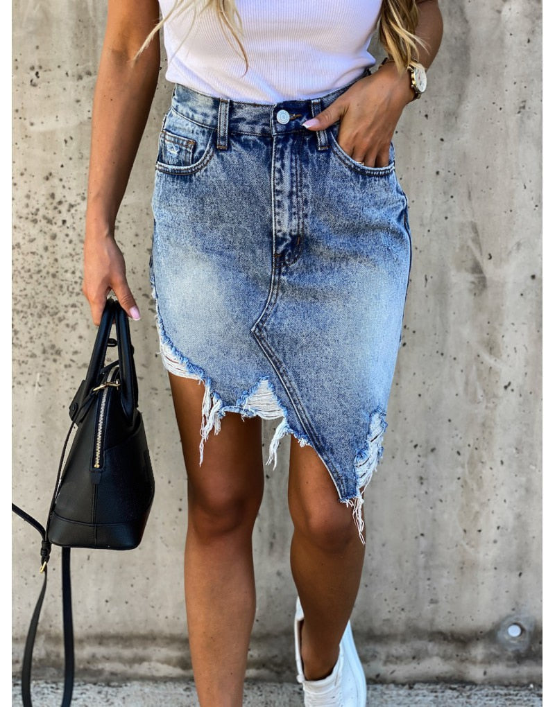 Sexy 2022 Summer New Ripped Irregular Denim Skirts For Women Fashion Street Hipster