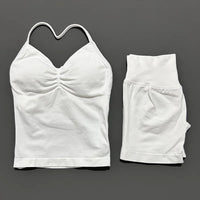 2 Pieces Sports Set Women Backless Halter Tops Fitness Tank Top High Waist Seamless High Stretch Shorts Gym Workout Sets