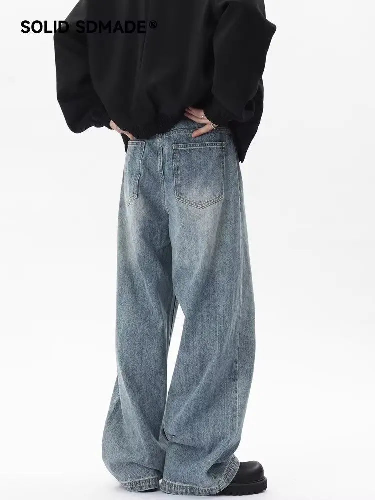 Loose Straight Jeans Men's Summer Casual Drooping Wide-leg Floor Trousers Chrome Darts Rhinestones Cooling Pants Man Jackets Top