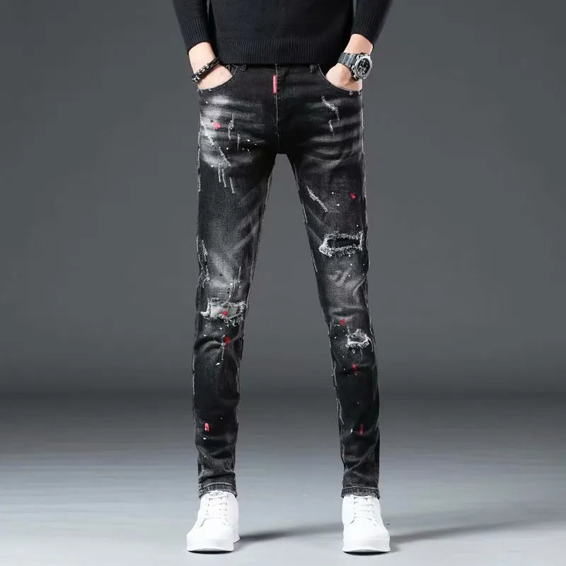 High Street  2022 Fashion Casual Ripped Jeans Men's Patch Teenagers Cowboy Paint Splash Ink Black Pencil Pants Skinny Jeans Men