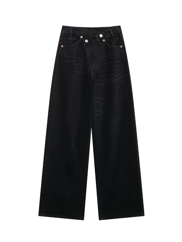 women's asymmetric design high-waisted wide-legged jeans new basic models versatile fashion straight trousers trousers