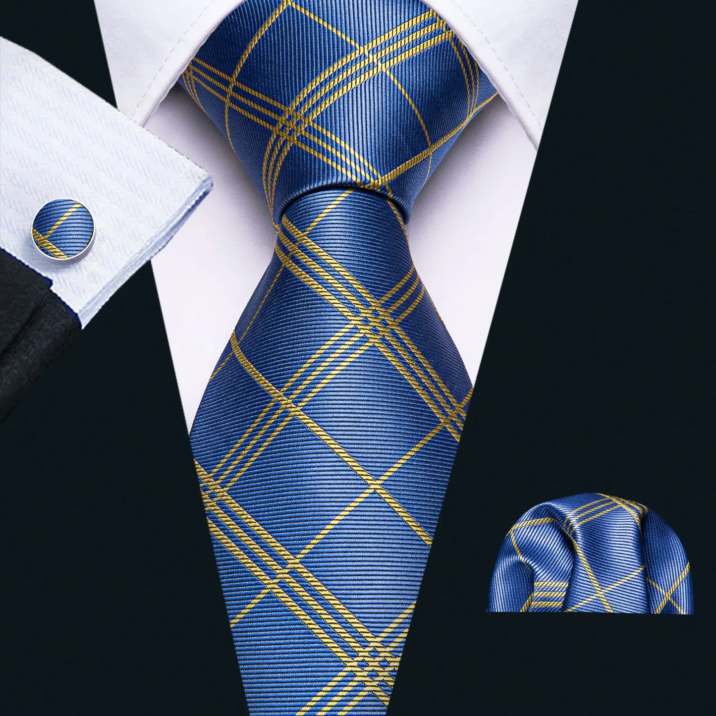 Barry.Wang Plaid Silk Men Tie Hanky Cufflinks Set Checked Jacquard Necktie for Male Formal Casual Wedding Business Party Events