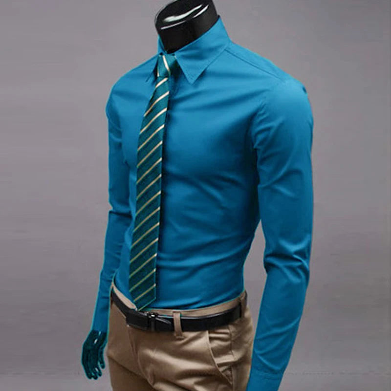 Men\'s Long Sleeve Button Up Shirts Solid Slim Fit Casual Business Formal Dress Shirt Suit for Wedding
