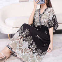 Summer Poplin Dresses Women Round Neck Puff Short Sleeve A Line Print Dresses Ethnic Style Tight High Waist Long Dress 2023