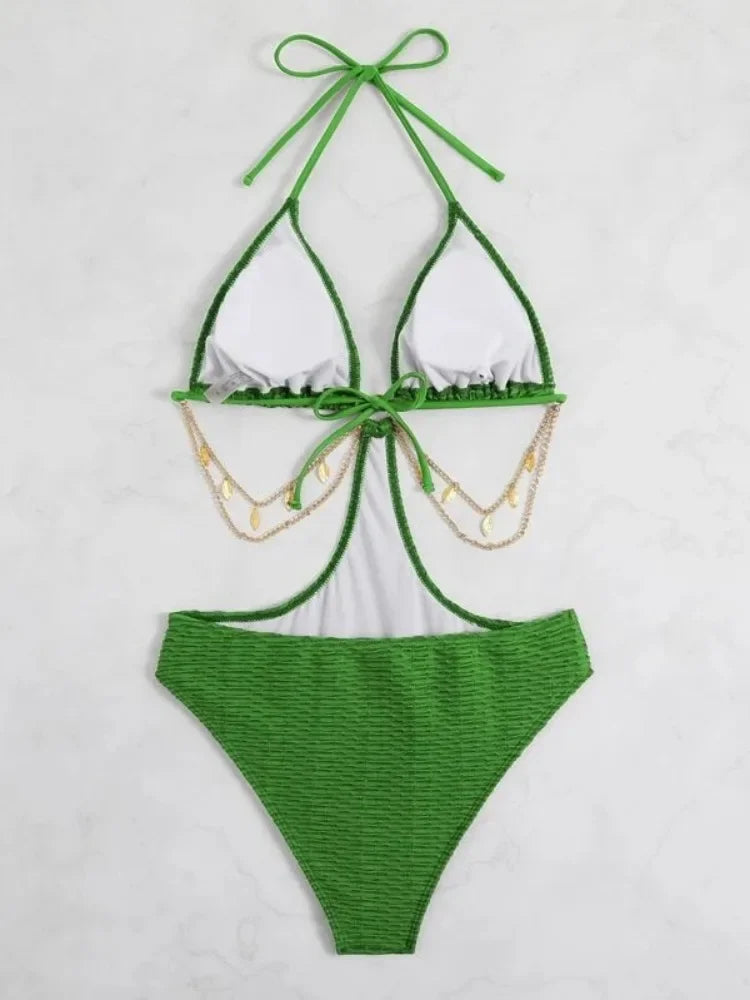 Sexy Bandage One Piece Swimsuit Thong Swimwear Women 2024 Backless Monokini Chain Link Swim Suits High Cut Trikini Bathing Suit