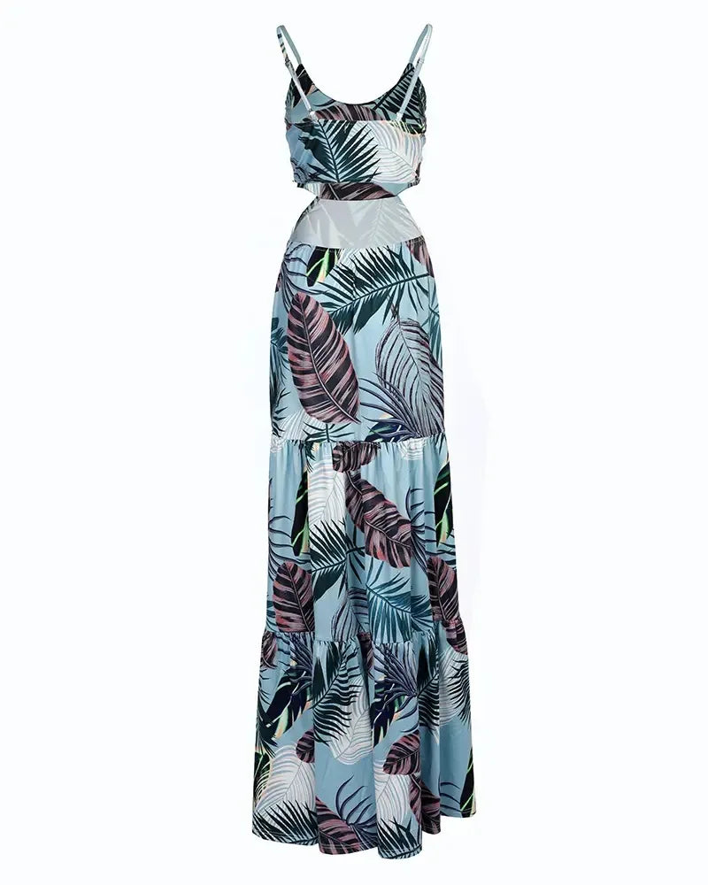 Pencil Dresses Women V Neck Backless Hollow Sling Dress Print Slim Fit Casual Sleeveless Pleated Vestidos Elegant Summer