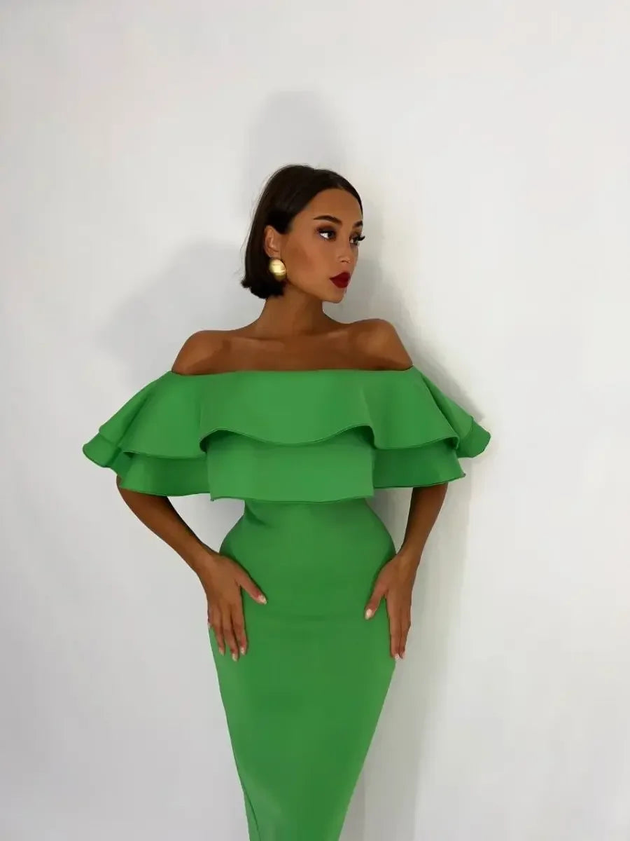 Green Bandage Dress Midi Elegant Woman Dress for Party Ruffle Sexy Off Shoulder Evening Birthday Club Outfit 2023 Summer