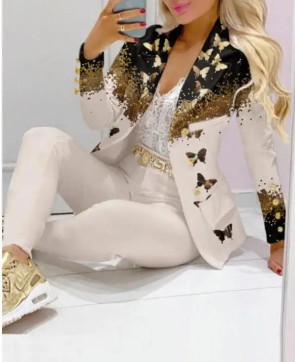 2022 Femme Formal Jacket & Trousers Office Lady Outfits Autumn Women two Pieces set Chain Print Blazer Coat & Pants Suit Sets