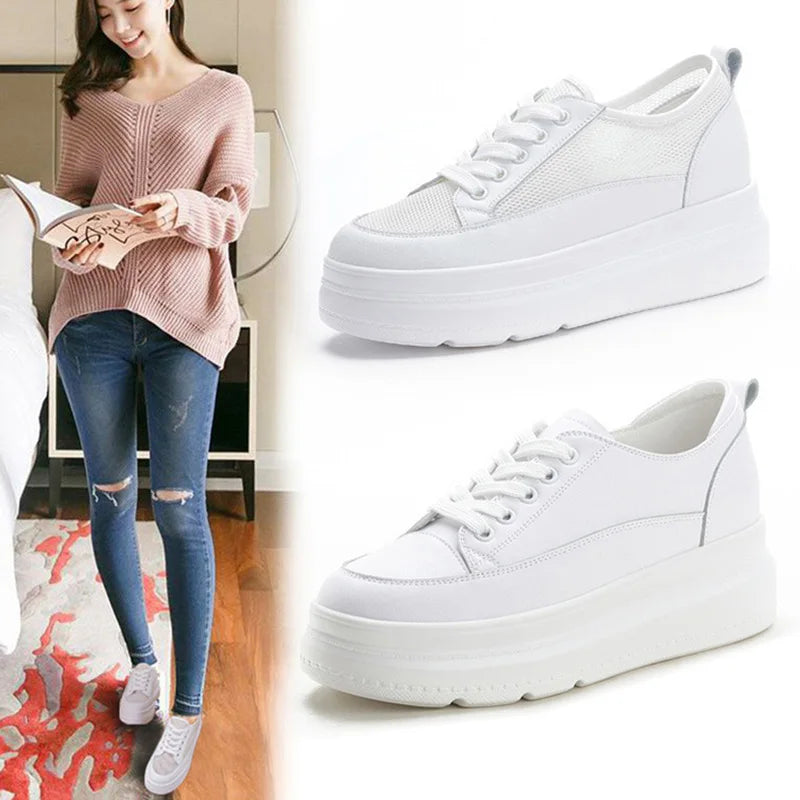 Genuine Leather Shoes Women Sneakers Height Increasing Shoes Casual Woman White Footwear New Spring Summer Thick Sole 5cm A1437