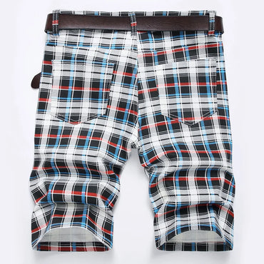 Men Plaid Digital Print Shorts Summer Check Tartan Stretch Denim Breeches Fashion Slim Jeans