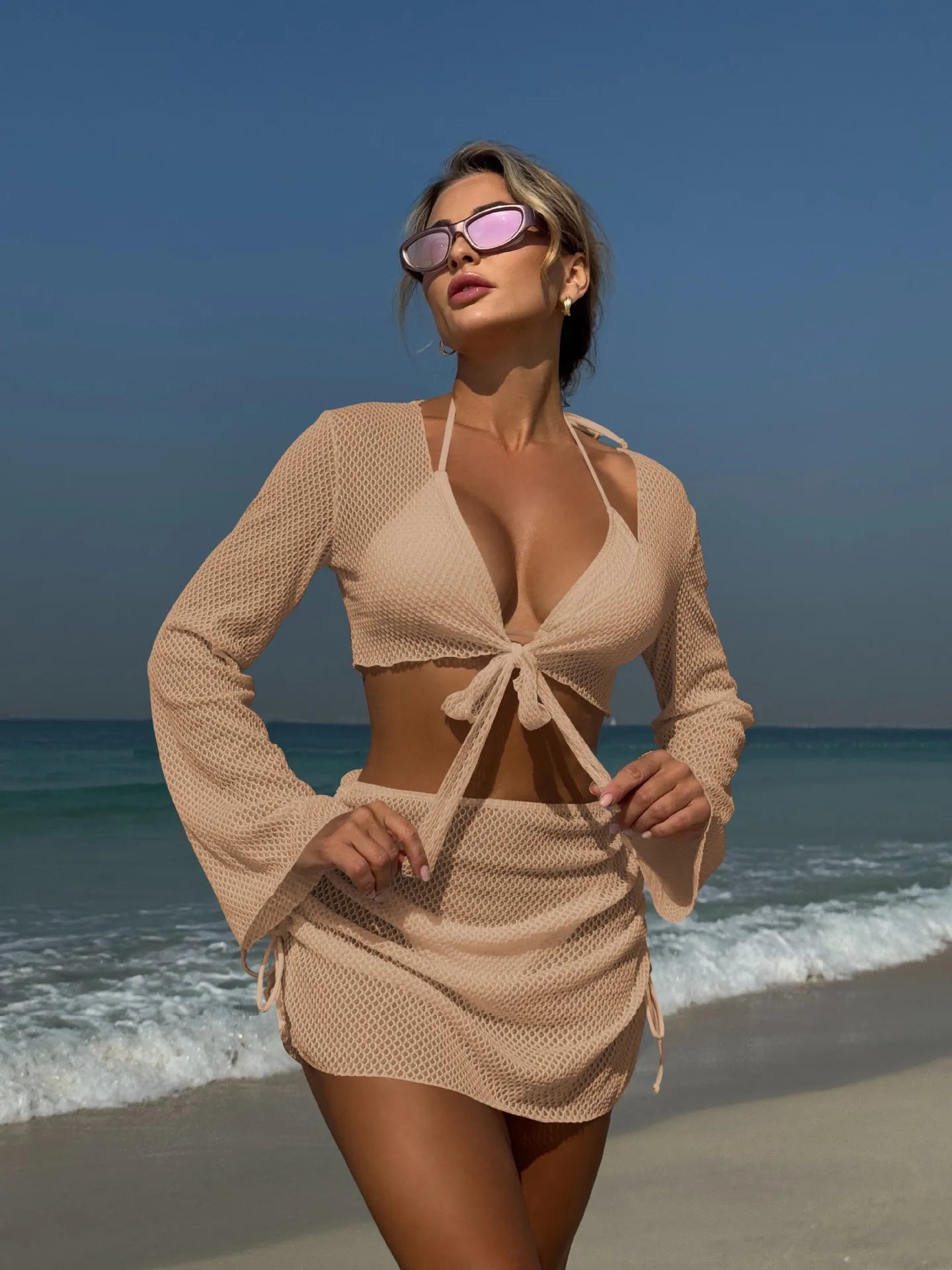 2025 new solid color summer new beach vacation style four-piece split swimsuit