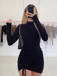 Long Sve Ruched Bodycon Dr Women Turtlene Bandage Mi 45 Deee Slant Cut Double Pant Waist Camere A-Line Sve Tee-...
