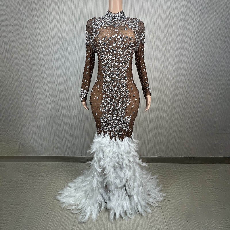 Sparkling Silver Transparent Feather Long Dress Celebrating Luxury Costume Dancer Flash Dress Party Birthday Photography Dress