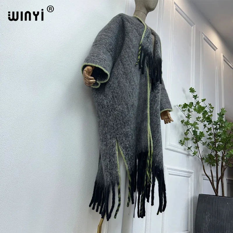WINYI new Winter Women Solid color Luxury Fur Neutral coat Loose cardigan elegant Warm Female coat over poncho tassels jacket