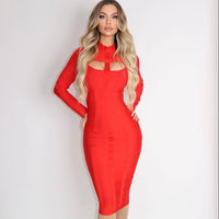 HQBORY Winter Long Sleeves sexy  Hollow Out Knitted Bandage Dress mid-length Women Hole Cut Out Black Bodycon Vestidos Red XL