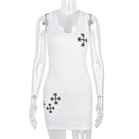 Sifreyr Fashion Printed White Rib Tank Dress For Women 2022 Summer Sleeveless Bodycon Mini Dresses Y2K Streetwear Party Dress