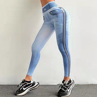 FCCEXIO Denim  3D Print Women Pants Push Up Running Sports Leggings Slim Pants Female Casual Trousers Fitness Legging