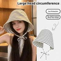 Striped UPF 50+ Sun Protection Bucket Hat, Lightweight Breathable Wide Brim UV Block Sun Hat Adjustable Chin Ties for Outdoor
