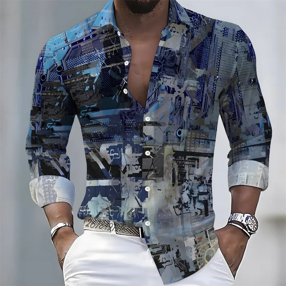 2026 Spring/Autumn New Men's Light Luxury Baroque Style Long-Sleeved Shirt with Color-Blocked Geometric Print Lapel Cardigan