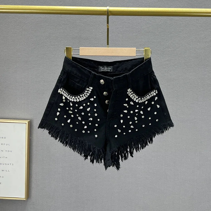 Diamond-Embedded Denim Shorts Women's Fashionable 2023 New Summer High Waist Loose Slimming Raw Hem Wide Legs Short Hot Pants