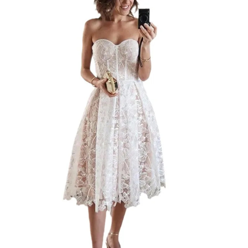 Summer Evening Dress Women's Tight Tube Top Dress Sexy Embroidered Lace Dress