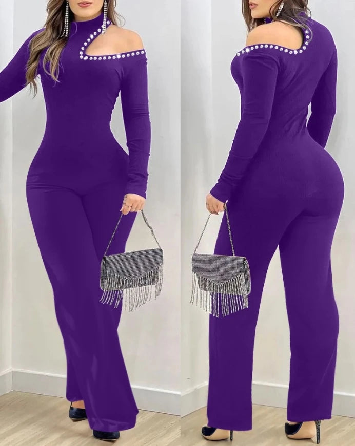 Elegant Women's Jumpsuit Basic Sexy Hollow Out Rhinestone Cold Shoulder High Neck Jumpsuit Long Sleeve Slim Fit Flared Jumpsuit
