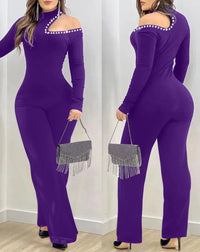 Elegant Women's Jumpsuit Basic Sexy Hollow Out Rhinestone Cold Shoulder High Neck Jumpsuit Long Sleeve Slim Fit Flared Jumpsuit