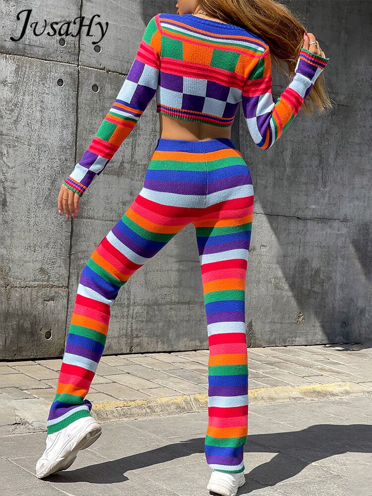 JusaHy Women Autumn New Strip Colorful Printed Wool Knitting Two Pieces Sets Crew Neck Long Sleeve Short Sweater&Straight Pants