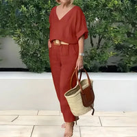 2024 Women's Fashion Casual Summer Multi-Color V-Neck Loose Cotton And Linen Suit New In Matching Sets For Women 2 Pieces