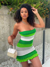 Kliou Panelled Striped Knitted Hollow Out Mini Dress Women Casual Wrapped Chest Sleeveless Bodycon Hot Girl Streetwear Outfit