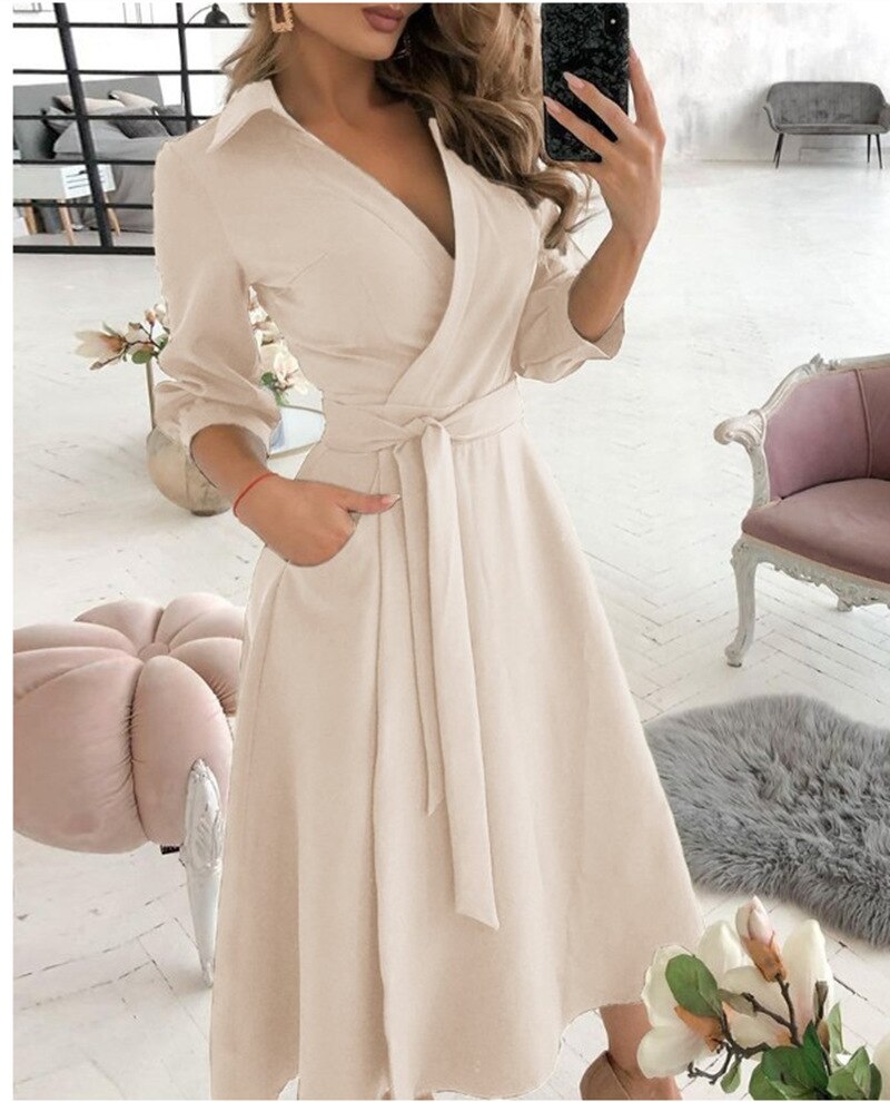 Spring/Summer Fashion Long sleeved V-neck Printed Hip Wrap Dress for Women