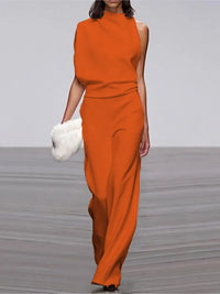 Spring And Summer Simple Solid Color Fashion One-shoulder Pile Collar Jumpsuit British Style Mid-waist Pleated Hollow Jumpsuit