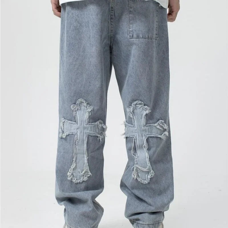 Men's street style loose jeans with vintage cross design, hip-hop trend wide leg pants, casual straight leg denim pants