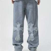Men's street style loose jeans with vintage cross design, hip-hop trend wide leg pants, casual straight leg denim pants