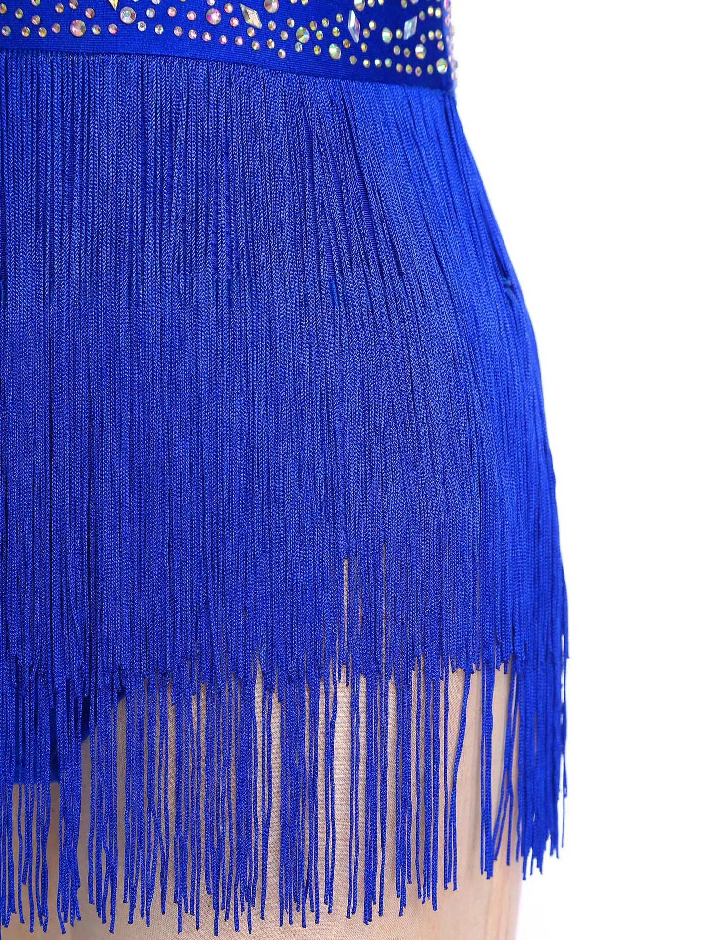 Women Tassel Latin Jazz Salsa Leotard Dance Dress Tango Dance Costumes Sheer Mesh Patchwork Rhinestones Fringed Bodysuit Dress