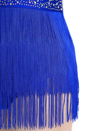 Women Tassel Latin Jazz Salsa Leotard Dance Dress Tango Dance Costumes Sheer Mesh Patchwork Rhinestones Fringed Bodysuit Dress